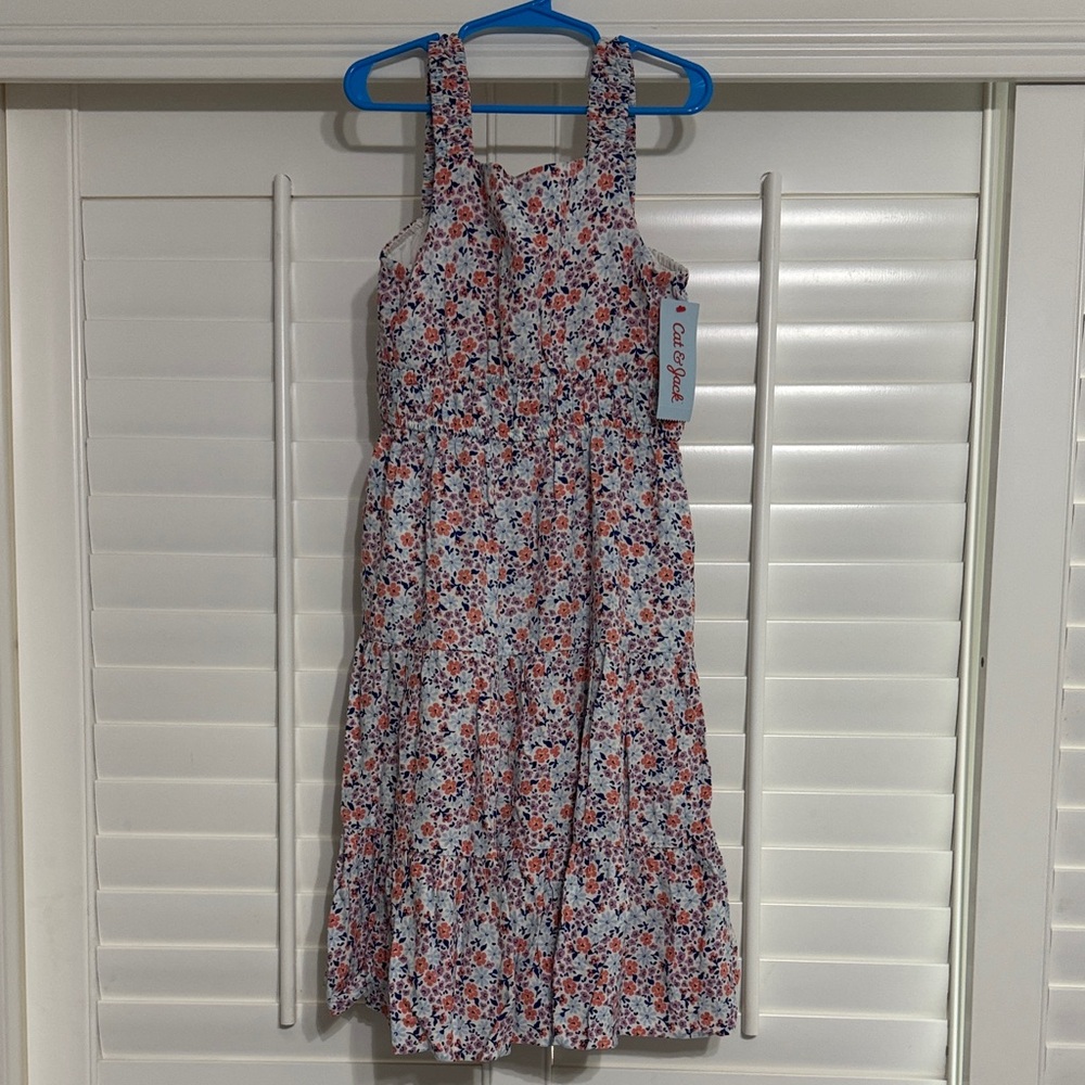 Cat & Jack Girls' White Floral Tiered Sundress with Pink & Blue Flowers